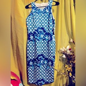 Blue and white printed midi dress
